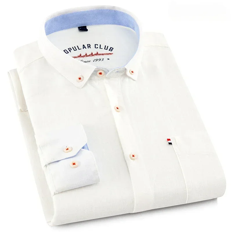 Chemises en lin et coton à manches longues pour hommes, style coréen, coupe ajustée, décontractées, unies, avec poche unique, chemise blanche de créateur