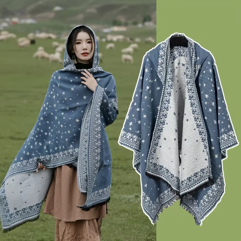 Cape ethnique à capuche, châle pour photographie de voyage de la chine du nord-ouest, Imitation chaude en cachemire, vêtements d'extérieur, chapeau de style ethnique