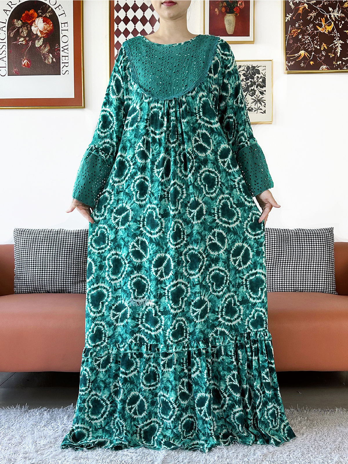 Robe ample musulmane Ramadan 2026 style africain Boubou KASHKHA en dentelle et coton brodé avec grand foulard brodé – Robe longue