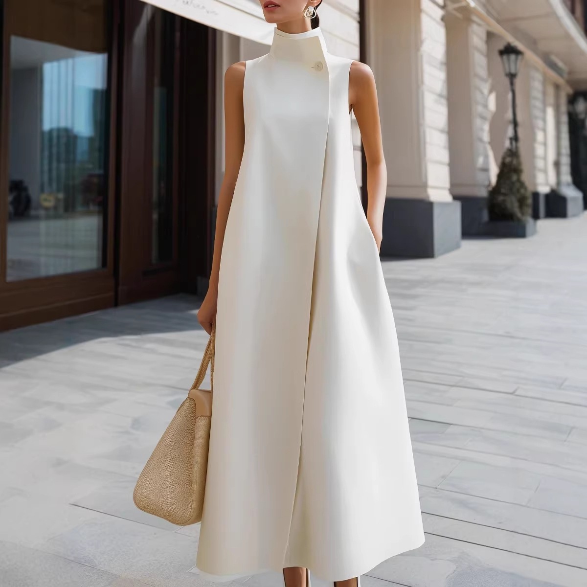 Robe longue plissée ample à taille haute pour femme, col roulé, couleur unie, sans manches, style licou, avec poches, design tendance