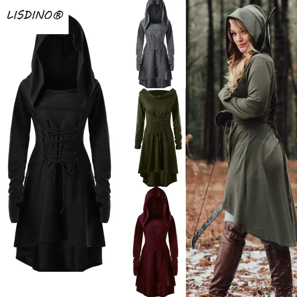 Costumes d'archer de la Renaissance, Cosplay médiéval, Robe à capuche, pull à lacets, longue Cape, fête d'halloween