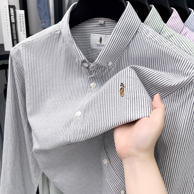 Chemise brodée de luxe pour homme, 100 % coton doux, manches longues, col à revers, rayures color block, haut tendance et polyvalent pour homme