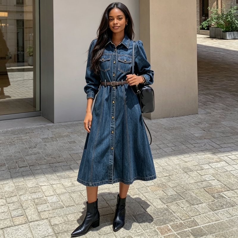 Robe en jean pour femme, coupe trapèze, col rabattu, manches longues, ceinture, longueur mi-longue, élégante, style Y2K, streetwear, pour le travail, Printemps 2026