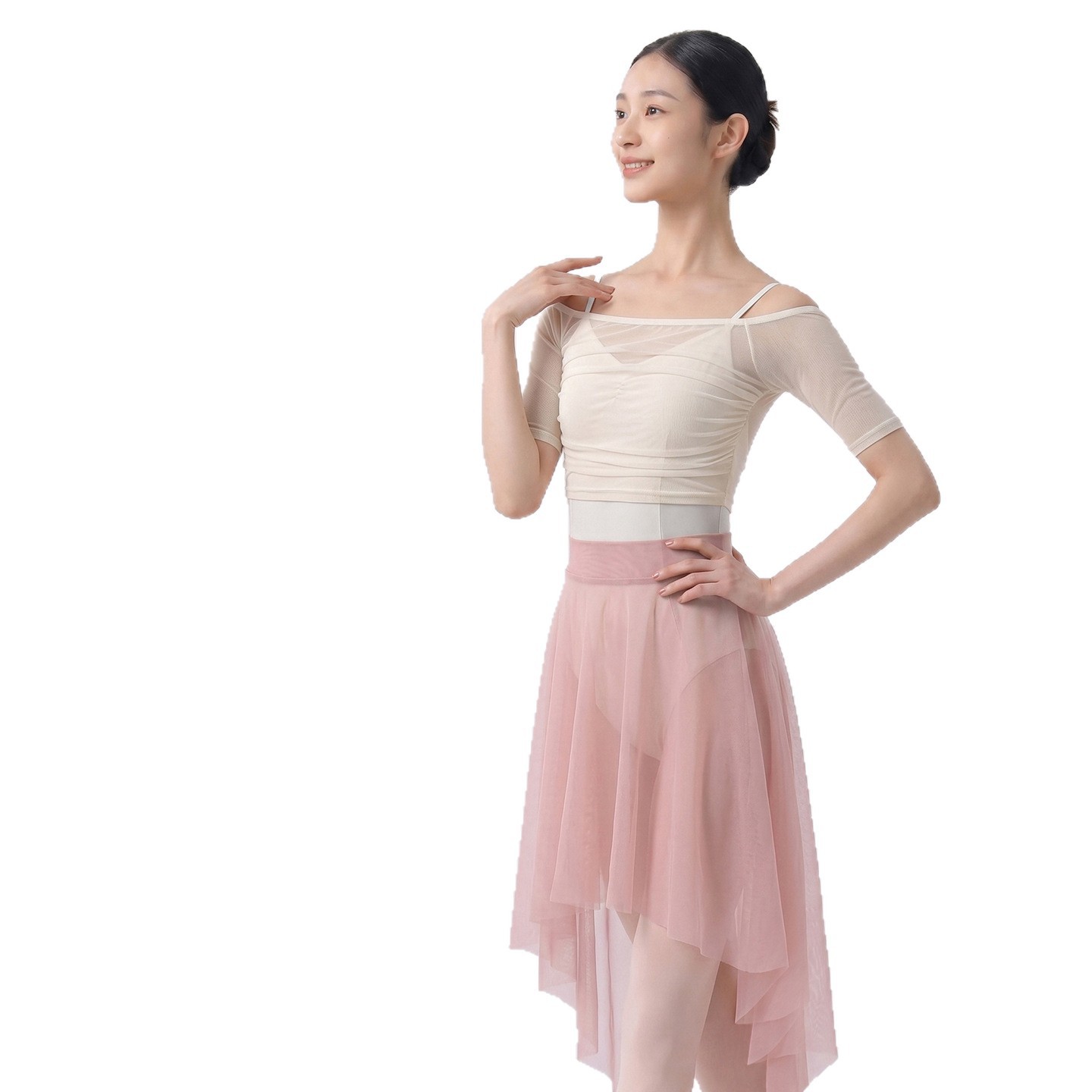 Haut de danse asymétrique en maille style ballet pour femme, élégant, frais et doux, en nylon et élasthanne, sans étiquette, sans repassage