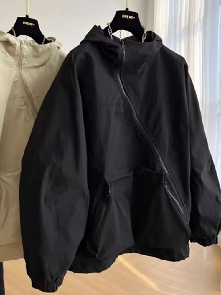 Mode femmes vestes à capuche diagonale fermeture éclair conception Vintage automne Baggy BF loisirs de plein air tout-match Chaqueta Mujer
