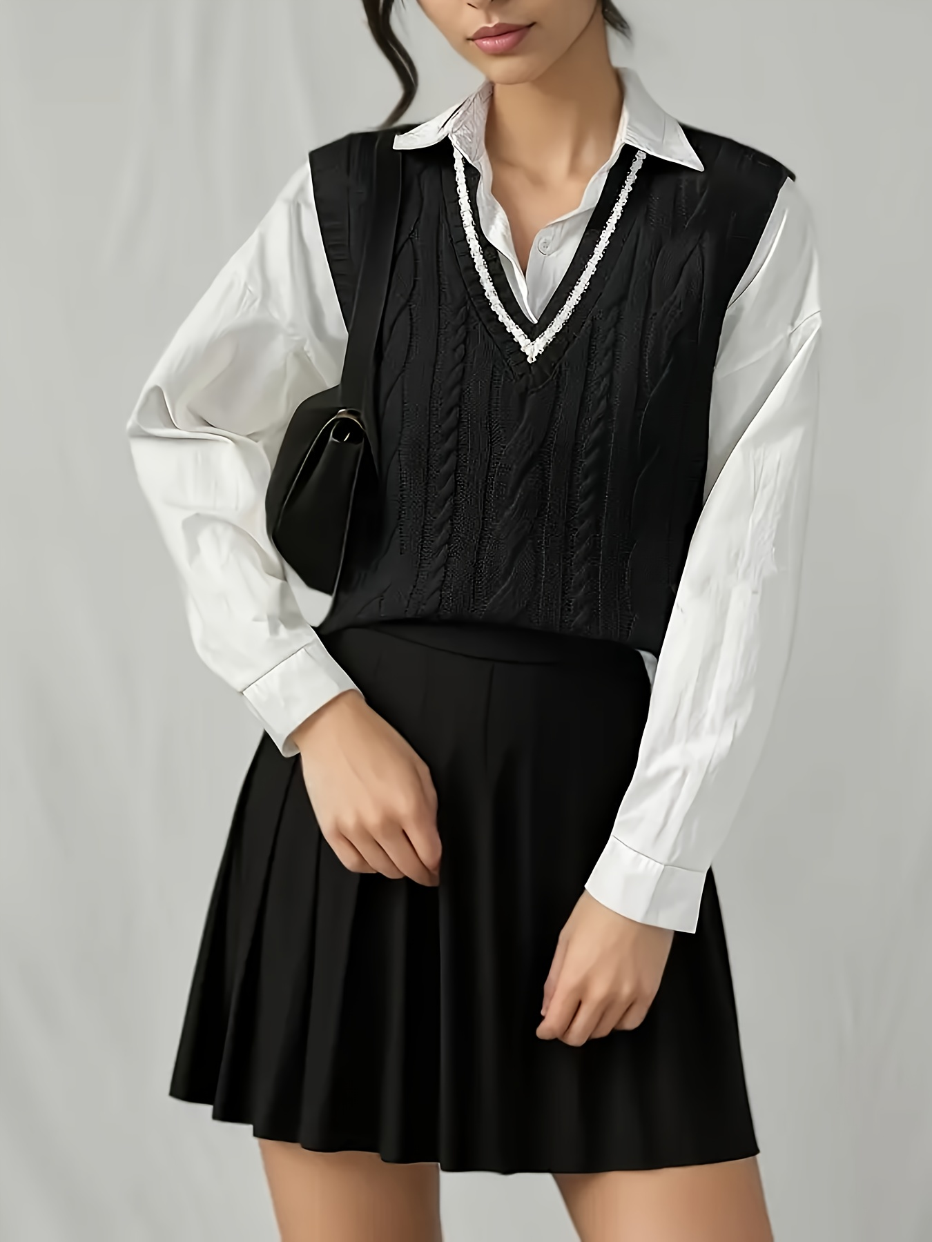 Gilet en tricot pour femme, style preppy, col en V, gilet en tricot torsadé, gilet court sans manches