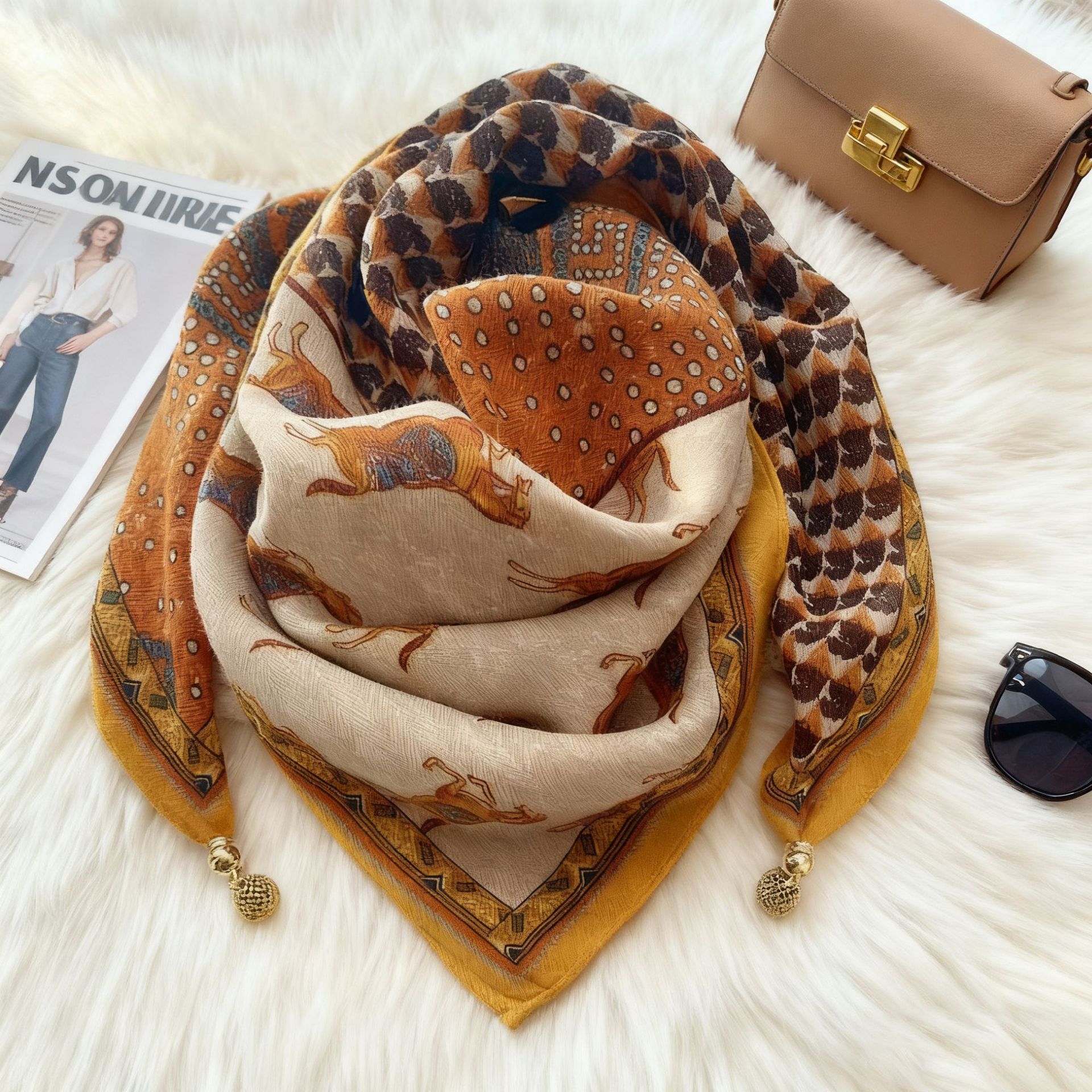 Nouveau Foulard Carré de Luxe en Soie pour Femme, Écharpe à Boucle Magnétique, Imprimé Floral, en Coton et Lin, Triangle Croisé, Doux et Chaud