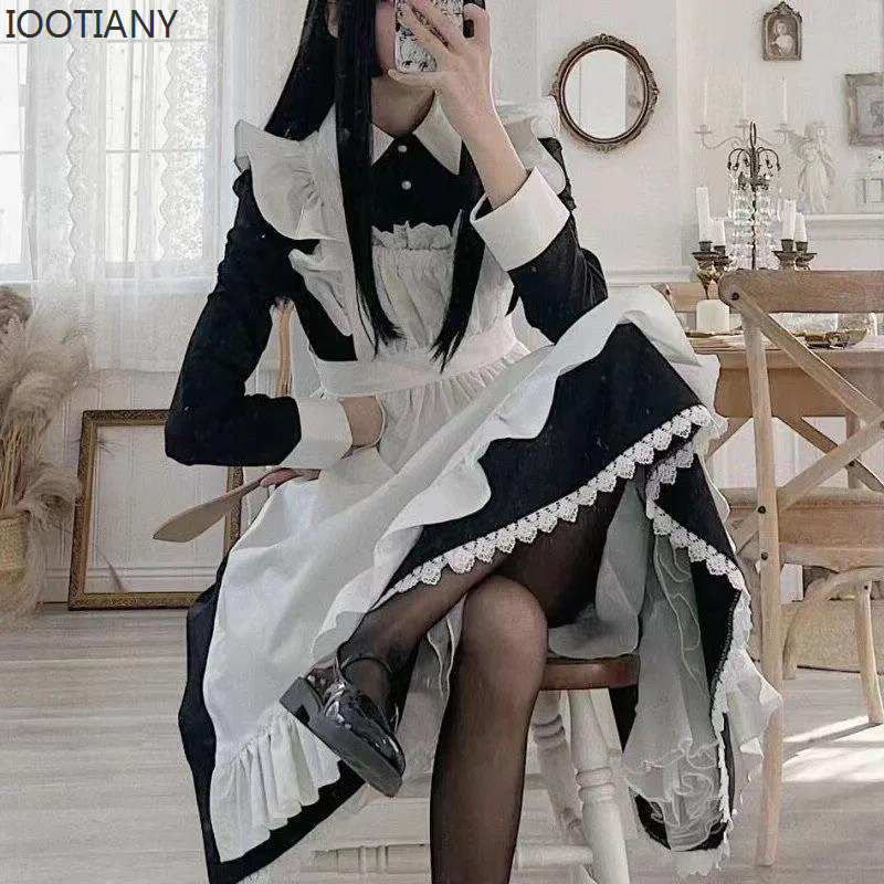 Robe de servante classique Lolita pour femmes IOOTIANY, tenue vintage inspirée de l'anime, cosplay, costume de femme de chambre à manches longues noires pour enfants