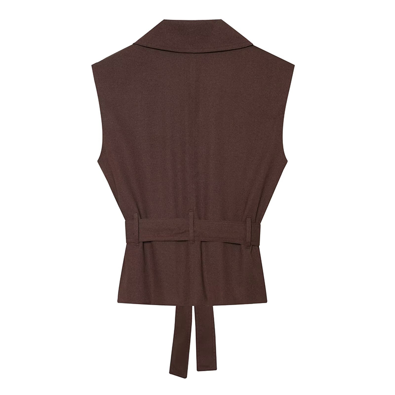 Gilets pour femmes tendance avec ceinture, col rabattu, sans manches, vêtements d'extérieur féminins, hauts chics