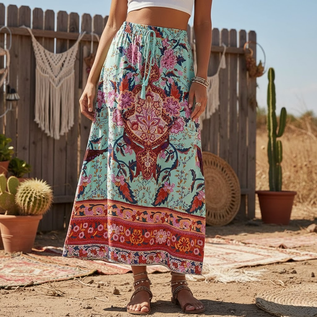 Vintage paon imprimé fleuri gland plage bohème Maxi jupe pour les femmes taille élastique rayonne coton longue plissée Boho jupes