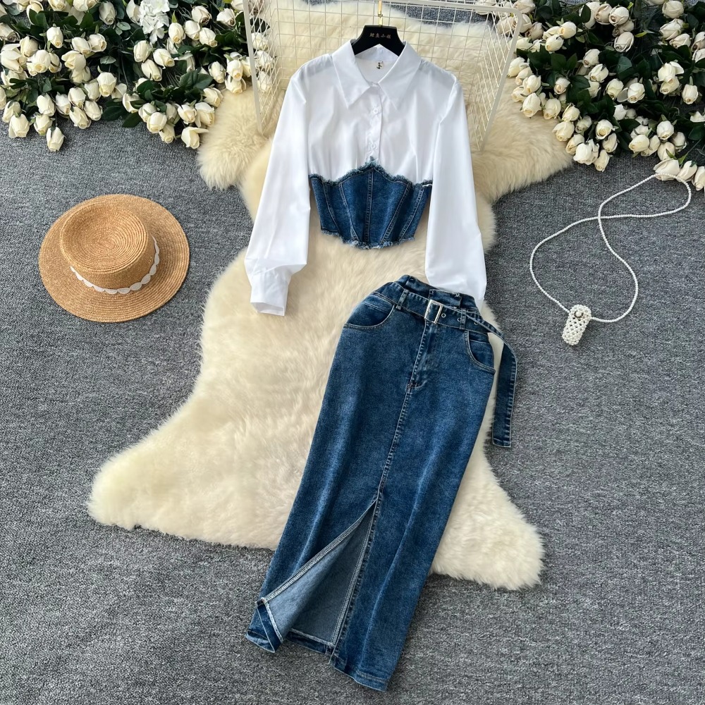 Ensemble deux pièces Vintage pour femmes, col rabattu, chemise épissée de Cowboy et jupe fendue taille haute, vêtements coréens de rue, automne