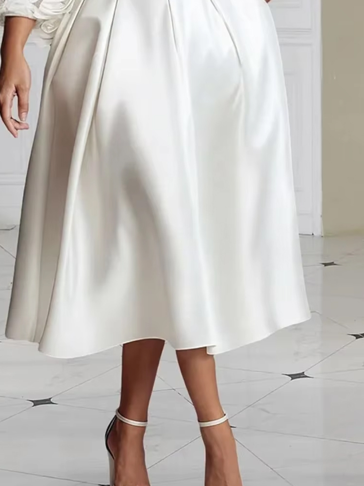 Robe de soirée élégante en satin mi-longue pour invitée de mariage, avec dentelle florale 3D, manches bouffantes 3/4, transparente, poches, grande taille pour femme