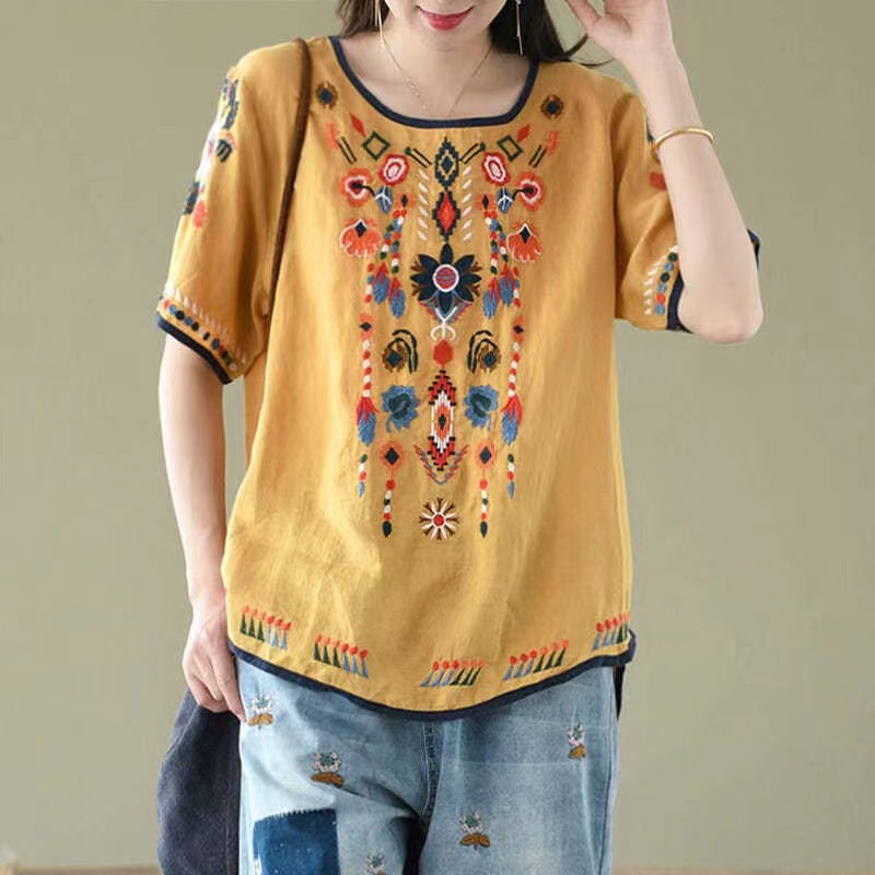 Chemisier rétro en coton et lin pour femmes, manches trois-quarts, Style National chinois, chemises Cheongsam à fleurs, 4XL, printemps été