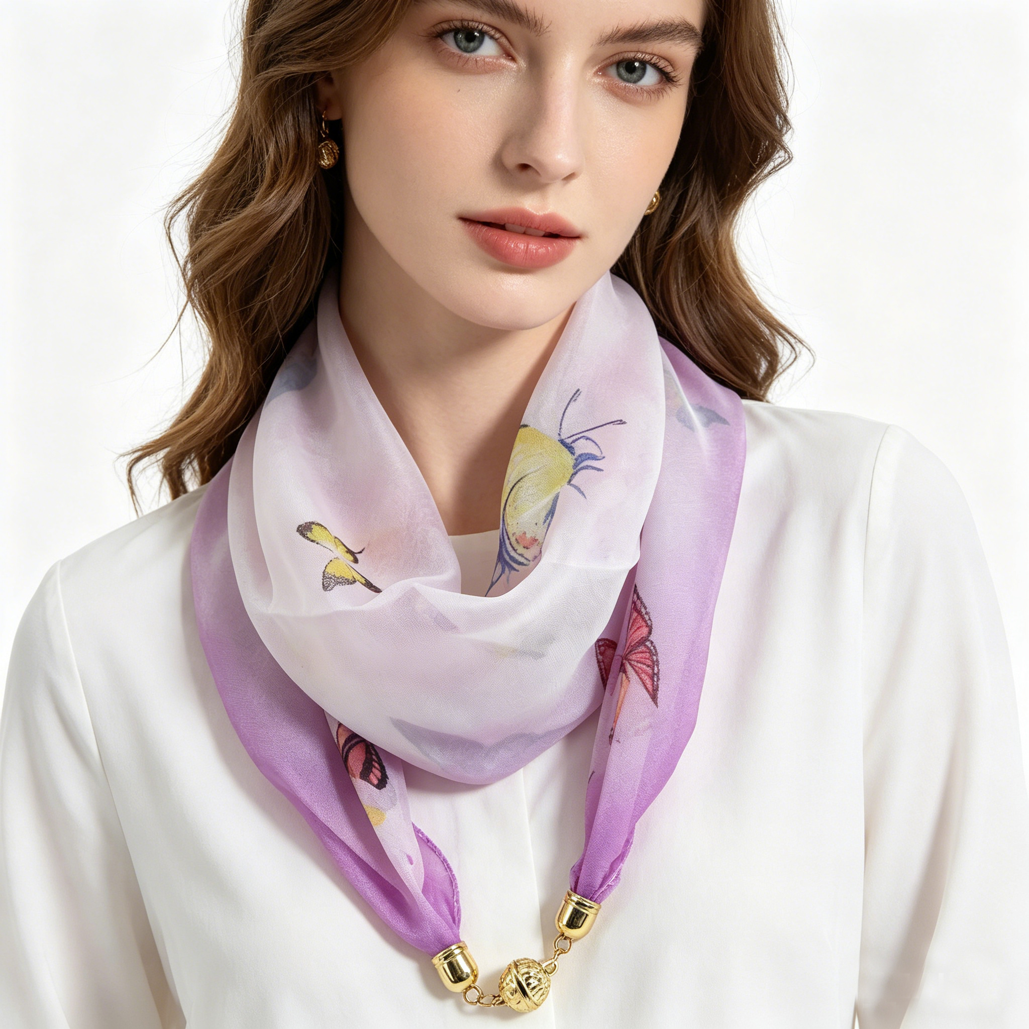 Écharpe à imprimé papillons avec boucle magnétique, foulard décoratif fin en mousseline, sans nœud complexe, facile à porter et à enlever
