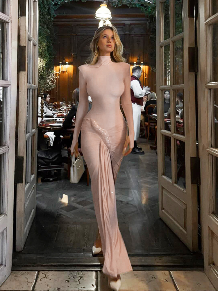 Robe longue élégante froncée Kliou pour femme, col roulé, manches longues, fentes sexy, taille haute, pour soirée de bal ou fête, style hipster, Vestidos