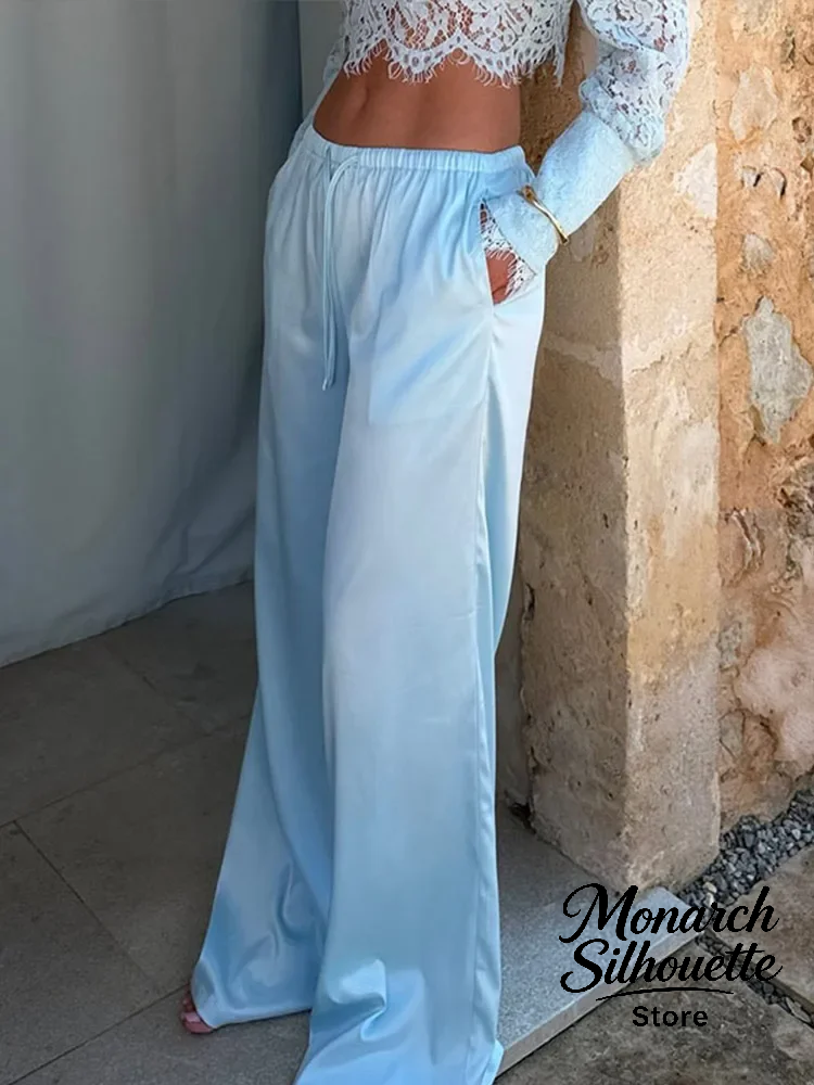 Ensemble 2 pièces pour femme, bleu, col semi-montant, haut en dentelle, pantalon à taille élastiquée avec cordon de serrage et fente arrière, style blouses, pour usage quotidien