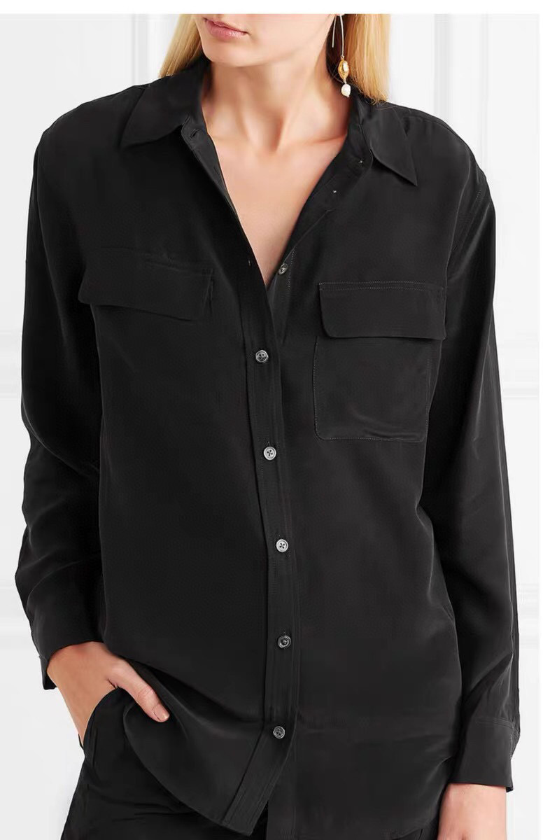 Femmes chemises en soie véritable classique Double poches couleur unie décontracté mode à manches longues chemise mince Blouses t-shirts