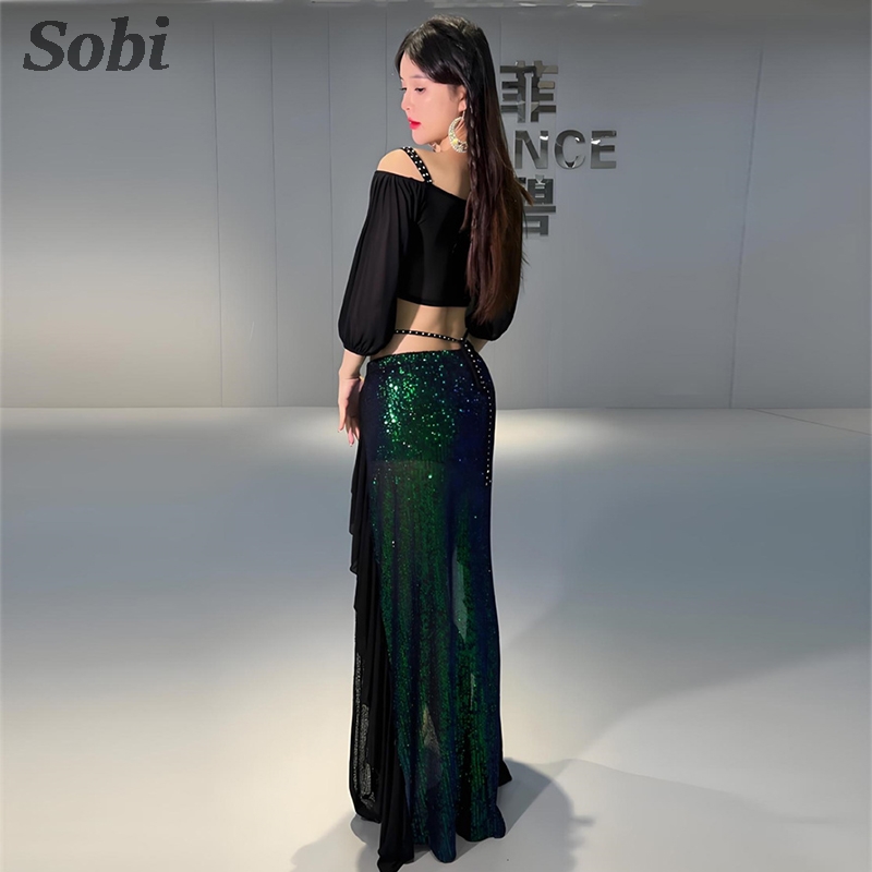 Ensemble de costumes de danse du ventre pour femmes, haut à bretelles Sexy + jupe longue, tenue de classe d'entraînement sirène, vêtements de spectacle de danse du ventre orientale