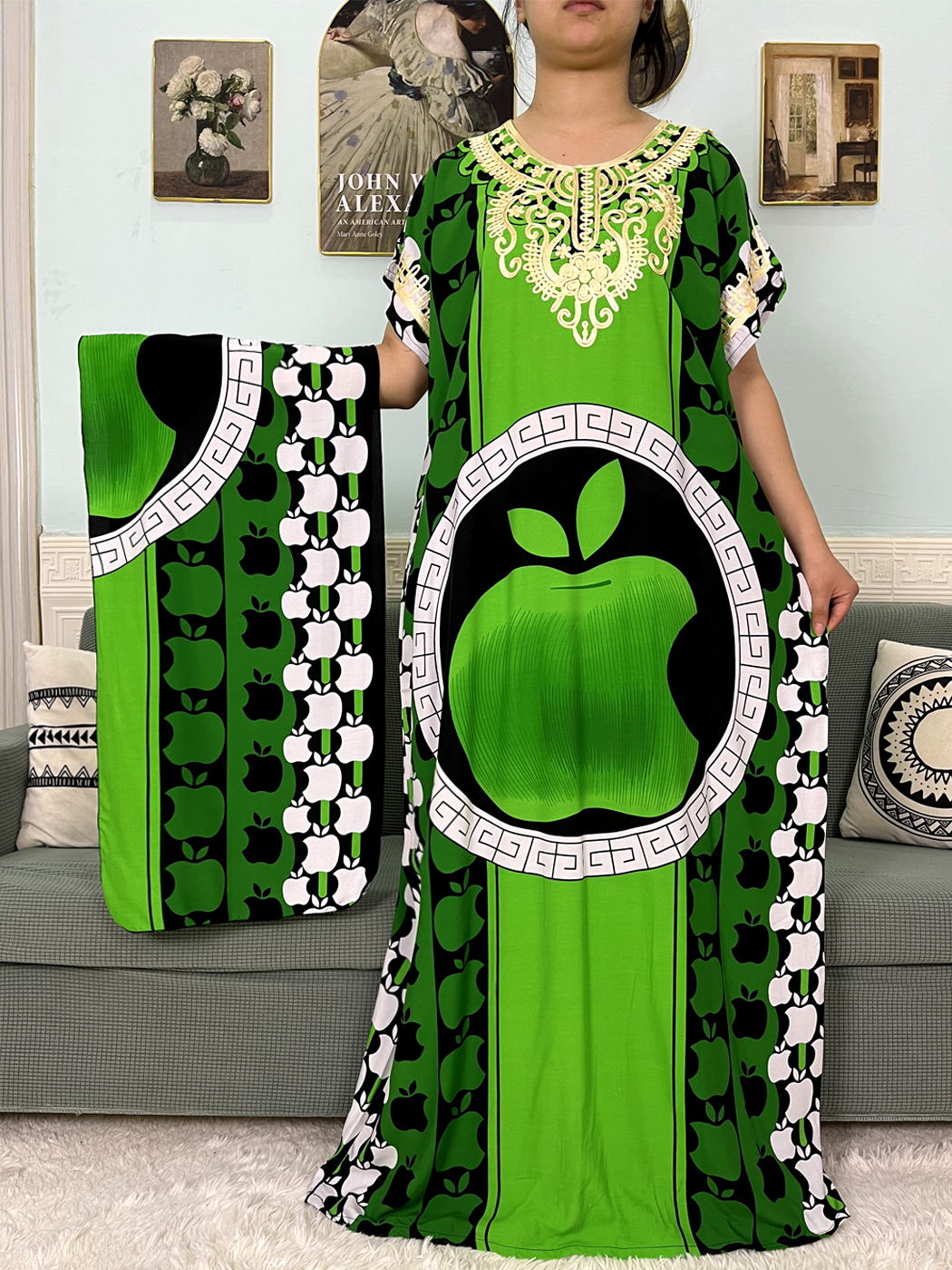 Abayas musulmanes imprimées Apple pour femmes, coton, manches courtes, caftan marocain, boubou adt, robe nigériane, robes avec turban