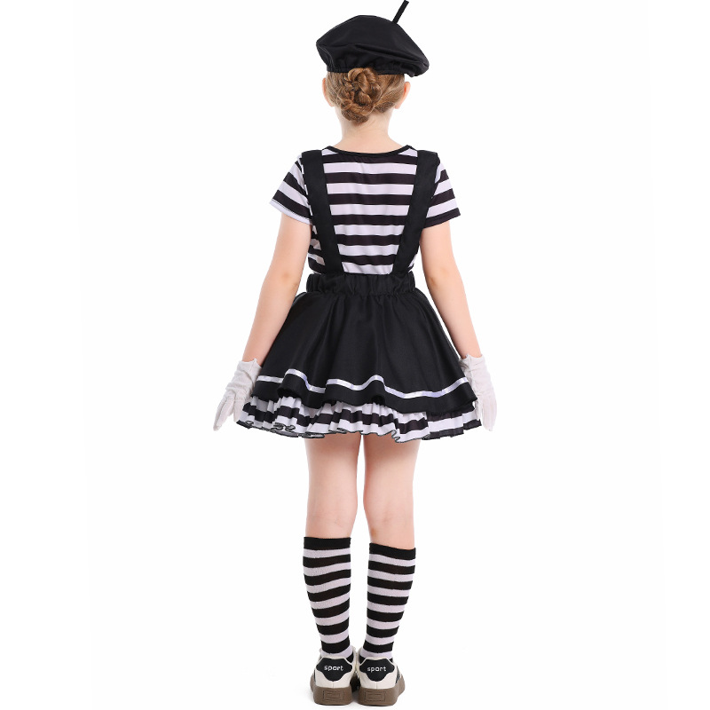 Costume de spectacle sur scène pour filles, Burlesque d'halloween, 1 juin, Acteur Pantomime, Clown Pantomime, haut + jupe à bretelles + chapeau + gants