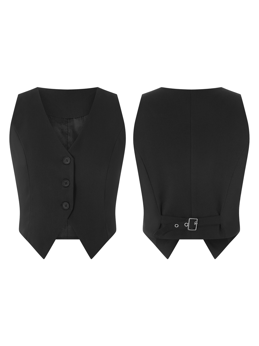 Femmes mode solide gilets sans manches noir col en V bouton gilet formel affaires smoking chemise coupe ajustée recadrée Blazer gilets