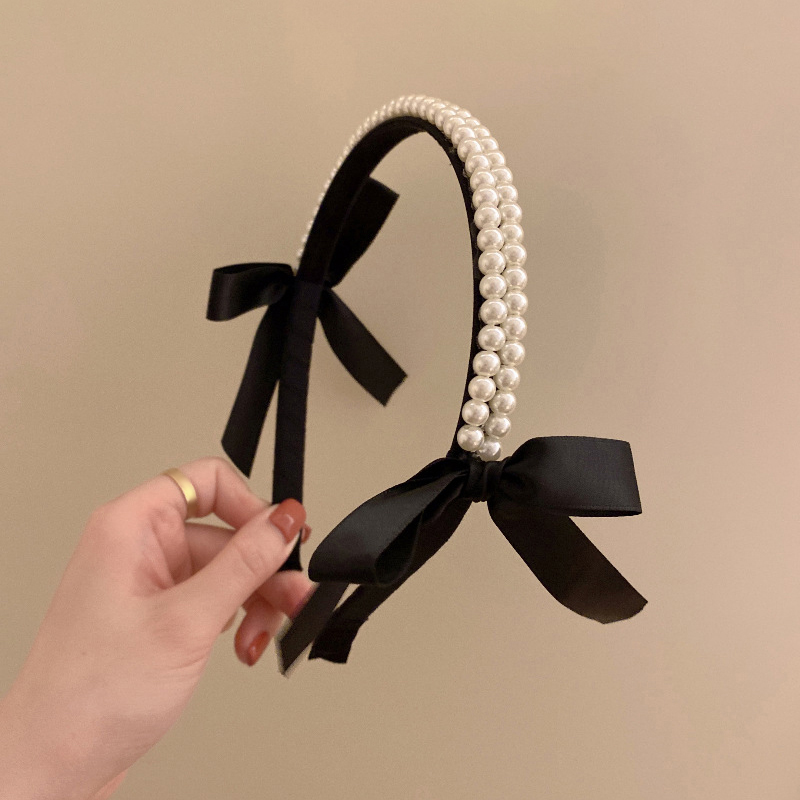 Nouveau serre-tête vintage en perles françaises avec nœud pour femmes et filles, bandeau coréen élégant noir classique, accessoires pour cheveux