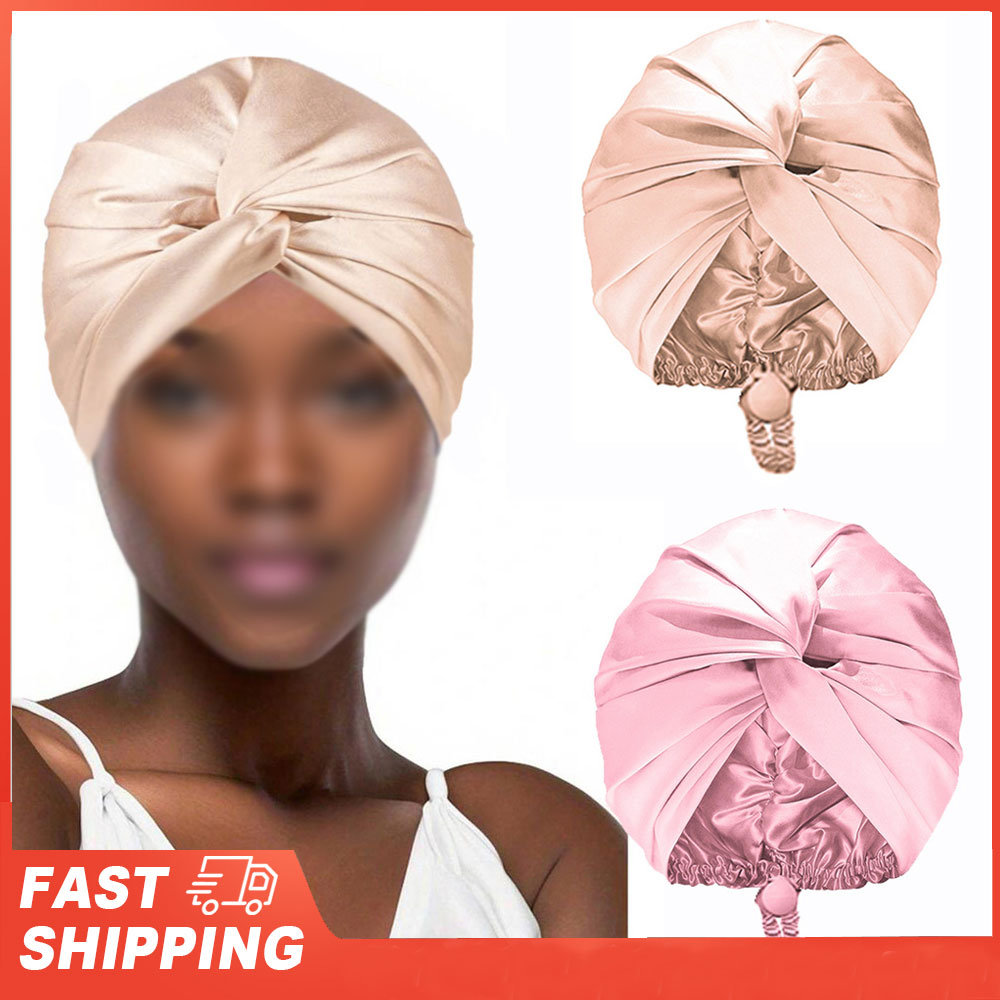 Bonnet de nuit en Satin de soie pour dormir, Turban Double couche pour femmes, enveloppe de cheveux réglable pour cheveux bouclés et lisses