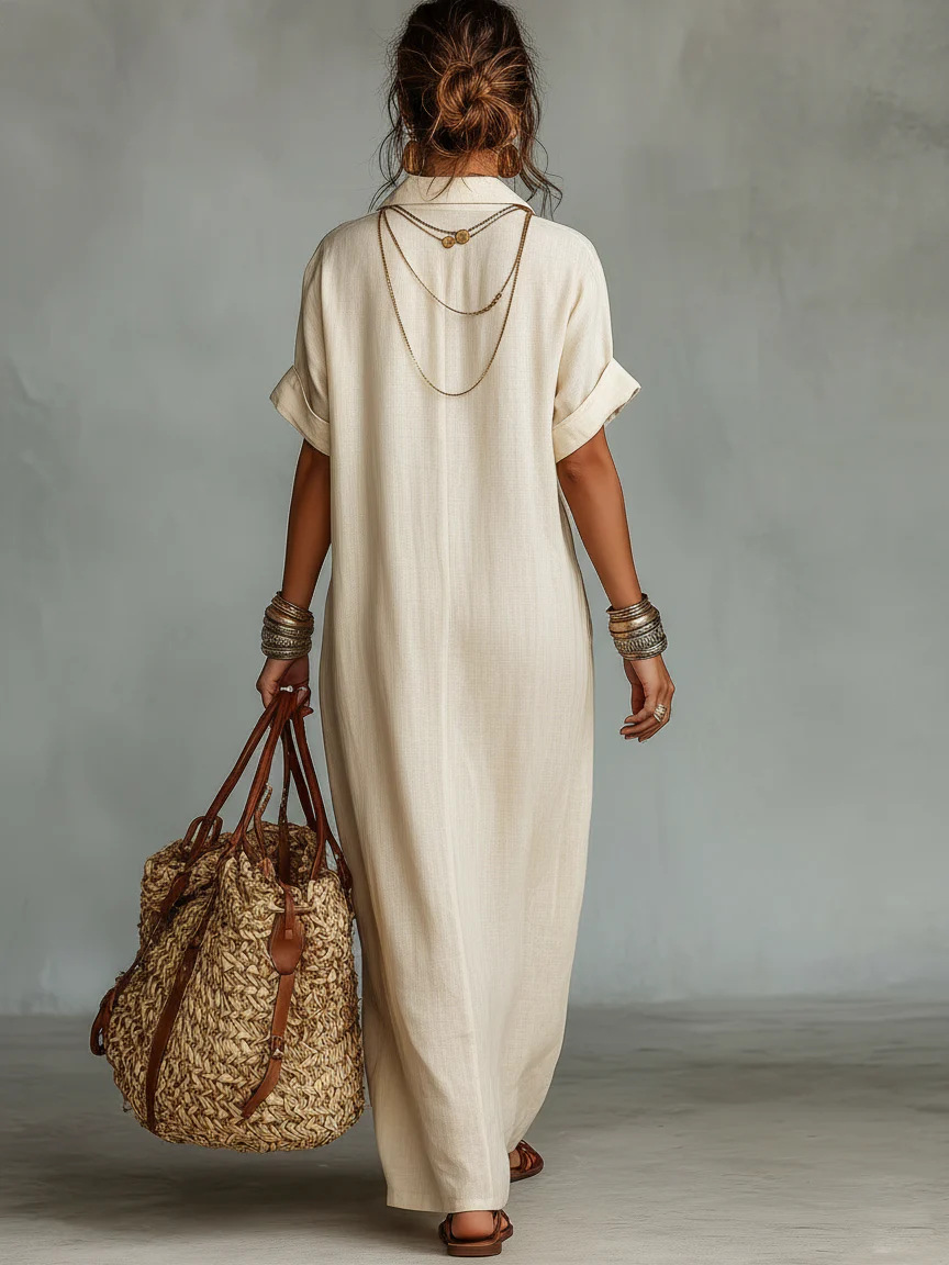 Robe longue en lin mélangé pour femmes, col en V brodé, manches courtes, coupe ample, robe à poches, style décontracté bohème, vacances d'été à la plage, kaftan