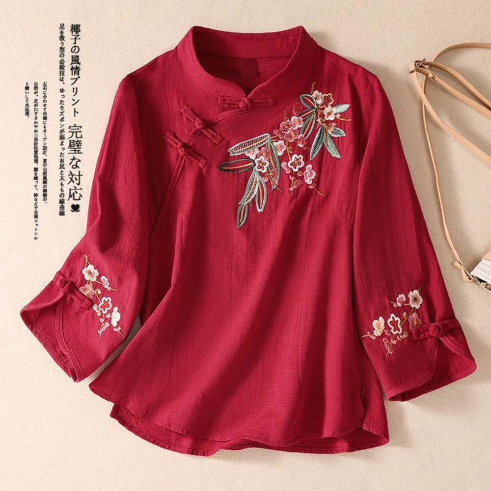 Chemisier d'été décontracté pour femme, style ethnique rétro, en coton et lin brodé, à manches trois-quarts, col mandarin, type chemise de thé chinoise