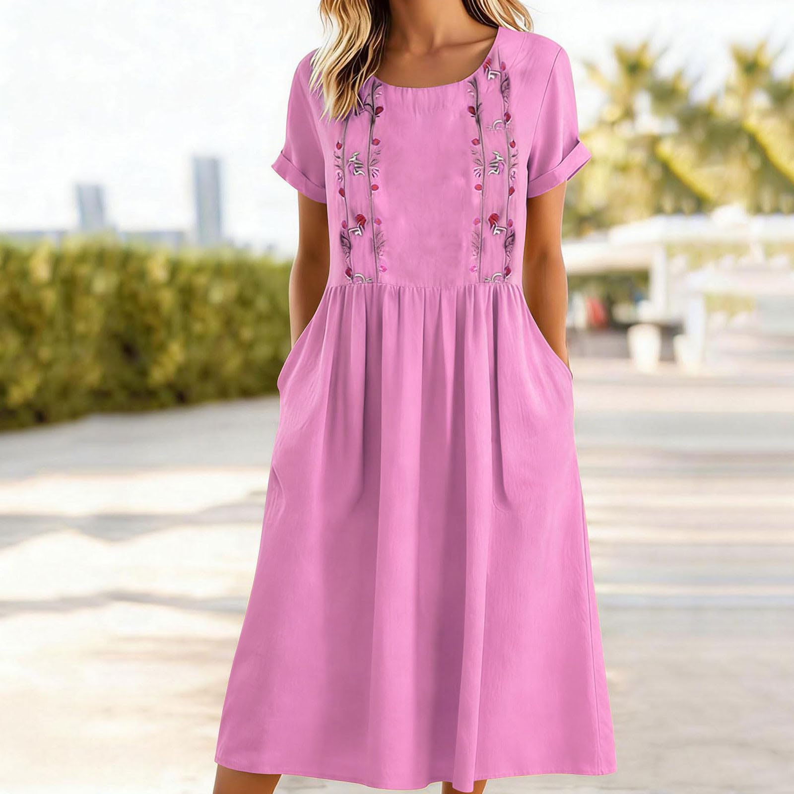 Robe décontractée bohème vintage pour femmes, en coton et lin, broderie, col rond, manches courtes, poche, robe midi, tenue de plage pour les vacances