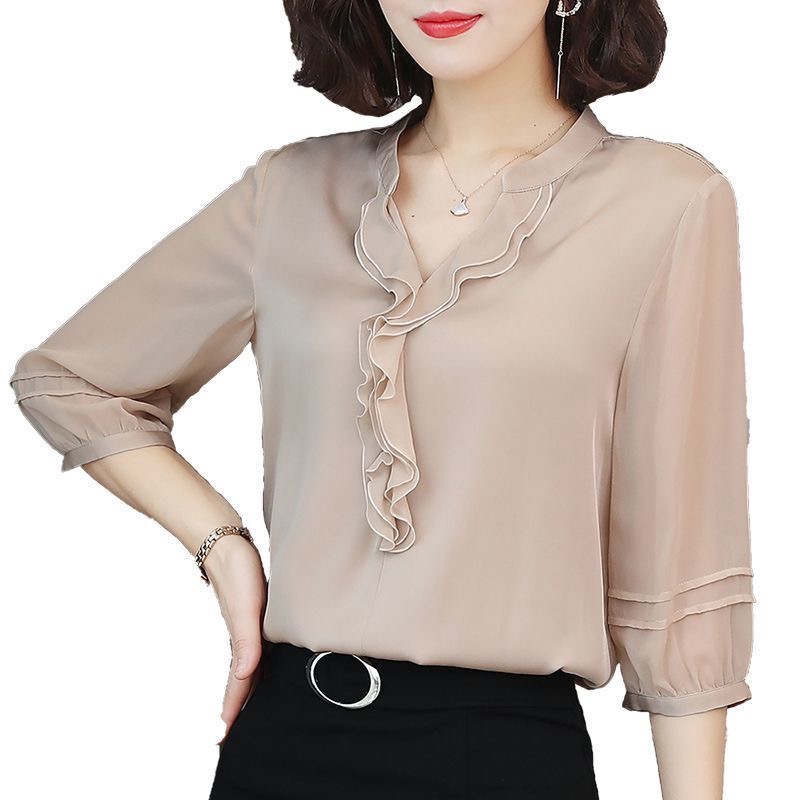 Chemise printemps et été pour femmes, manches trois-quarts, col en v, ample et ajustée, haut à volants, DF3732