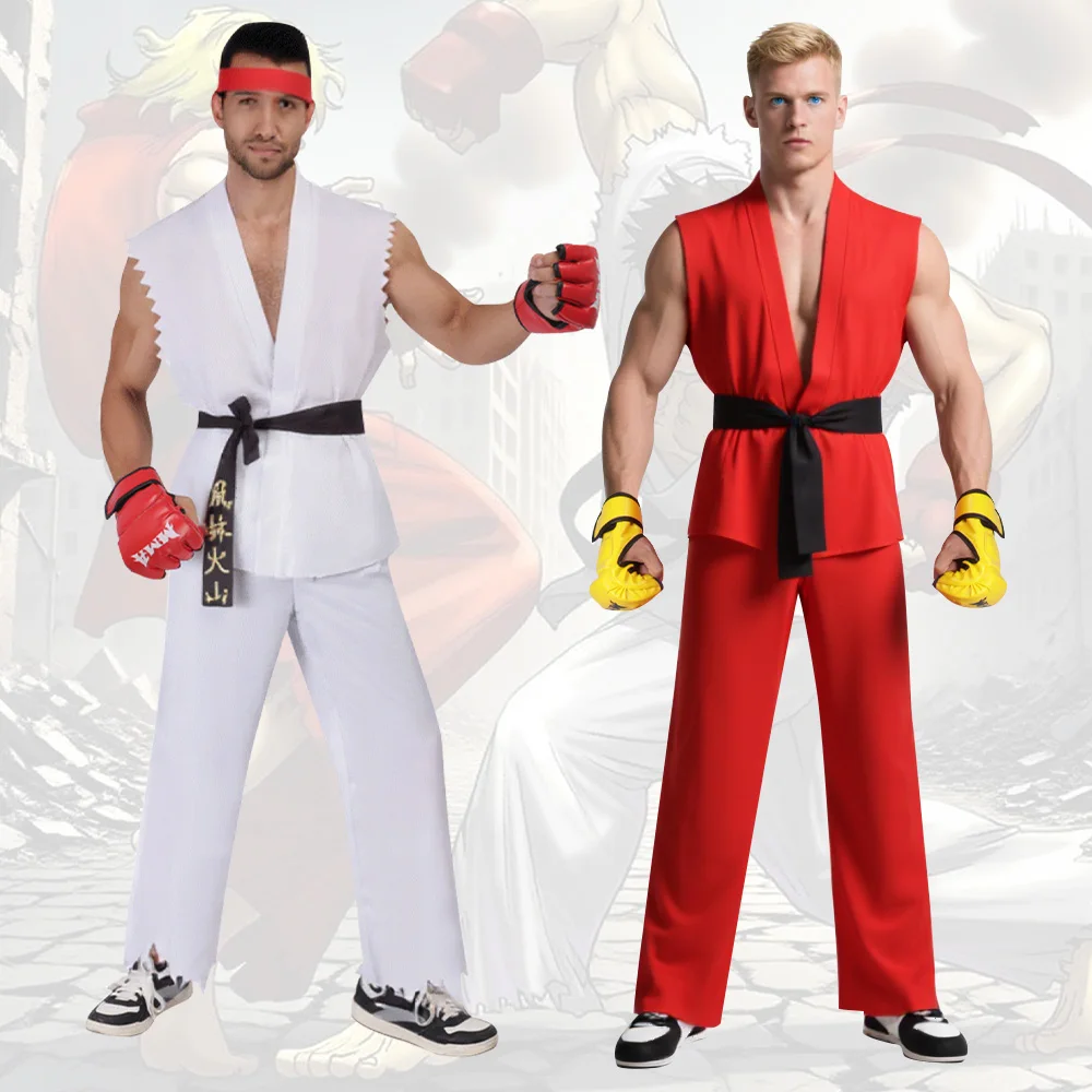 Uniforme d'arts martiaux blanc et rouge pour hommes, avec ceinture, Costume de Cosplay Ryu Ken, tenue inspirée de Street Fighter pour Halloween, mascarade, Fan