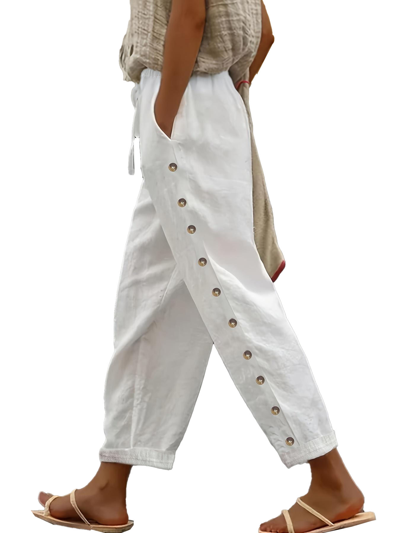 Pantalon taille élastique pour femme – Pantalon décontracté coupe décontractée, pantalon de salon polyvalent de longueur 3/4