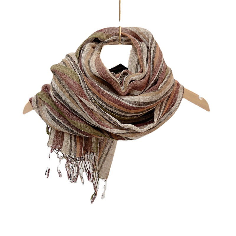 Écharpe marron rayée en coton et lin pour hommes, châle long, écharpes de style japonais unisexe, mode
