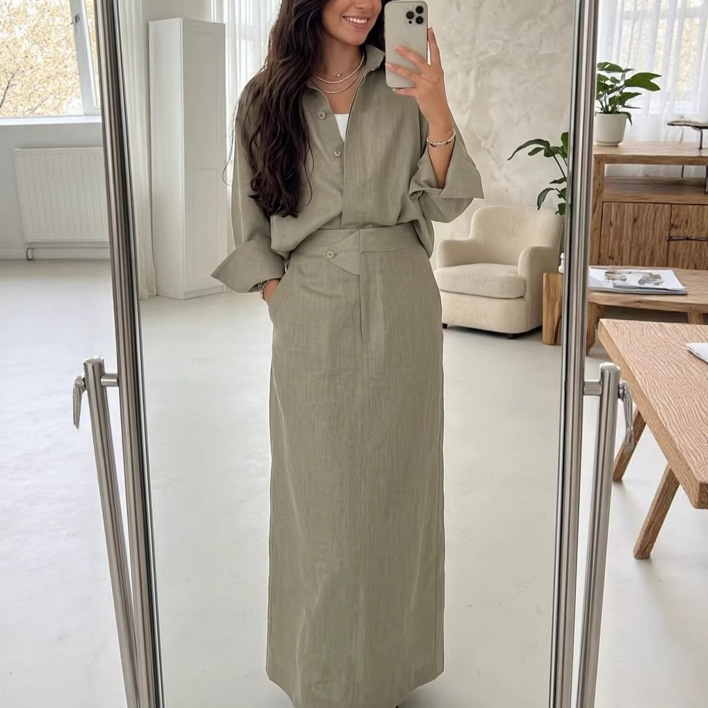Ensemble Chic et Décontracté 2 Pièces pour Femme : Jupe Longue Unie et Chemise à Manches Longues – Collection Printemps-Été 2026