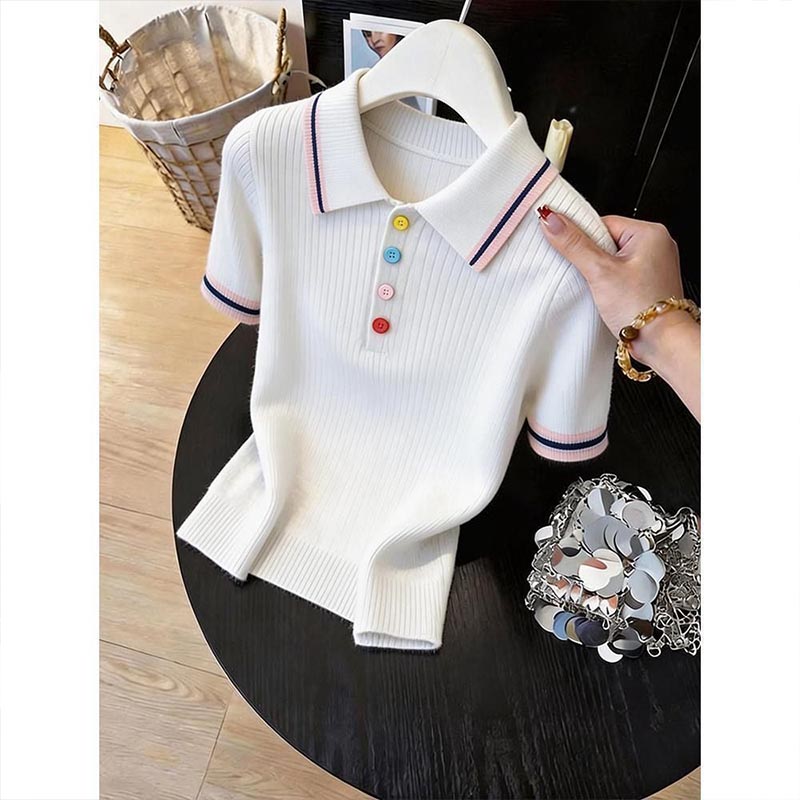 Tunique élégante pour femme, nouvelle collection été, col rabattu boutonné, t-shirt polyvalent à manches courtes, patchwork uni