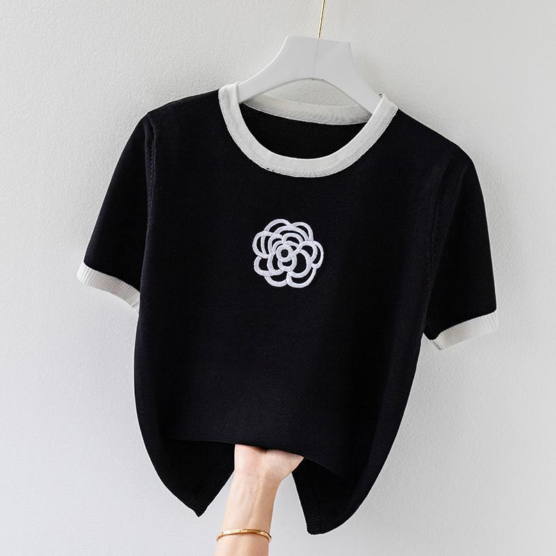 T-shirt tricoté pour femmes, broderie de fleurs d'été, vêtements de luxe de styliste, hauts Slim, T-shirt court à manches courtes pour femmes