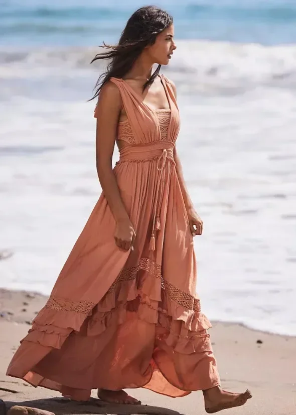 Canwedance été robe de plage sans manches coton Maxi robes Style Boho couleur unie dentelle à volants robe d'été Mujer robes