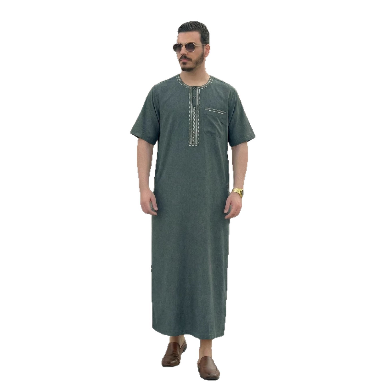 Jubba Thobe à manches courtes pour hommes musulmans, Kaftan islamique vintage marocain, Djellaba de prière brodée en mélange de viscose, Tunique Abaya pour homme