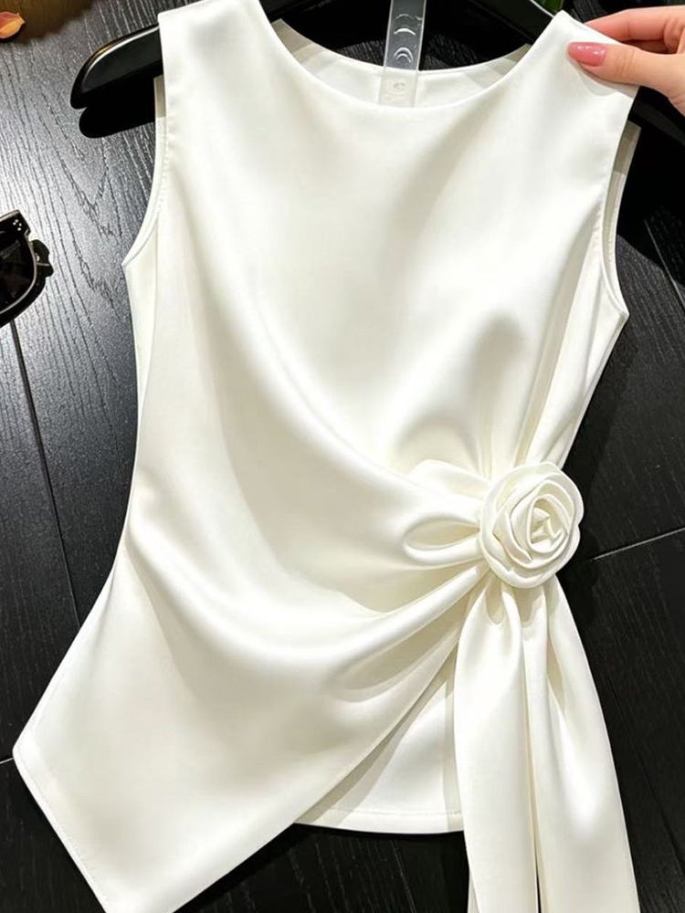 Débardeurs en satin élégants et chics pour femmes, coupe ajustée, col rond, motif floral 3D, sexy, tendance, décontractés d'été, design uni, style Ins, haut sans manches