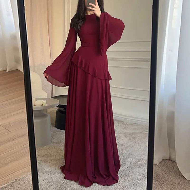 Robes pour femmes élégantes, col rond, couleur unie, à volants, robe de soirée plissée, manches évasées, à nouer, vêtements féminins Slim, printemps automne