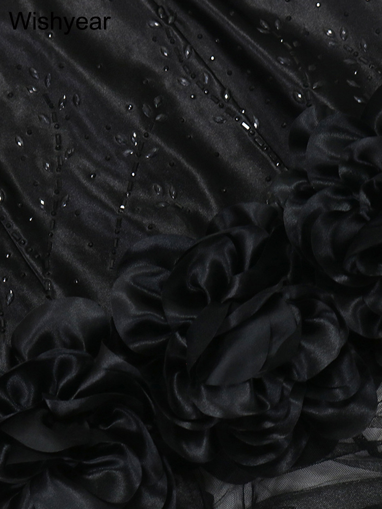 Robe de sirène en maille noire pour femme, robe longue transparente, fleur froncée, biscuits de luxe, robe de cocktail, robe d'anniversaire, robe de soirée de mariage, nouveau