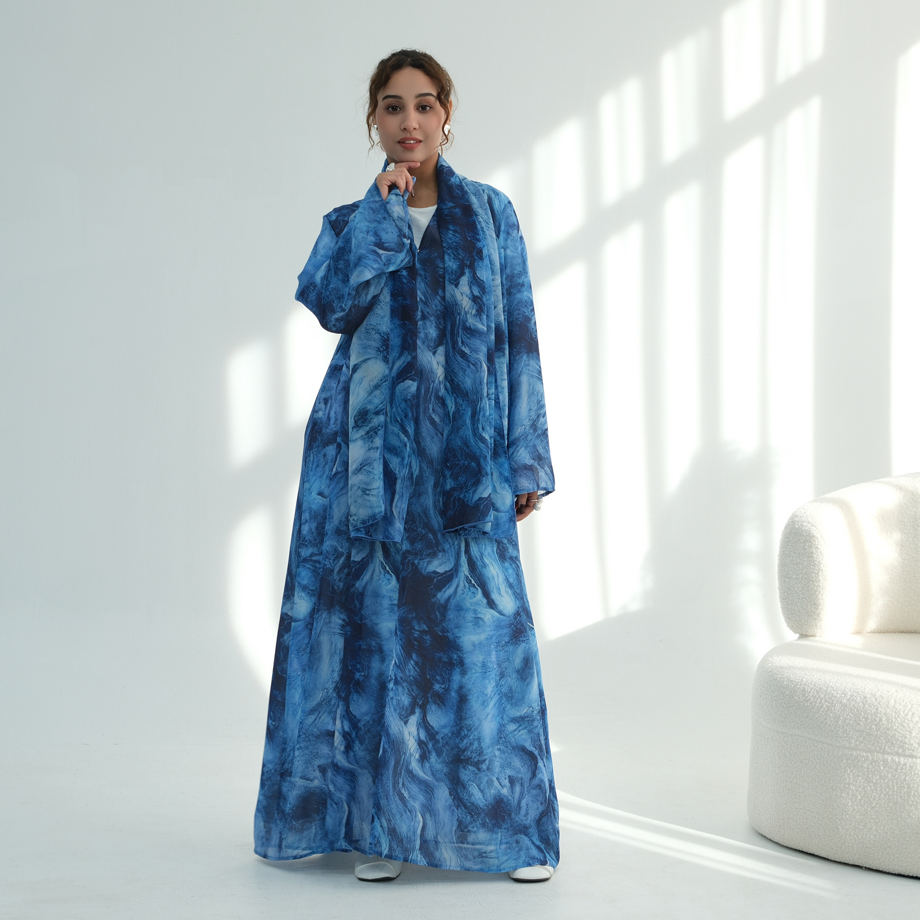 Abaya ouvert en mousseline de soie, ombré, aquarelle, marbre, imprimé Tie-Dye, Premium, dubaï, ensemble de 2 pièces, vêtements islamiques, vente en gros