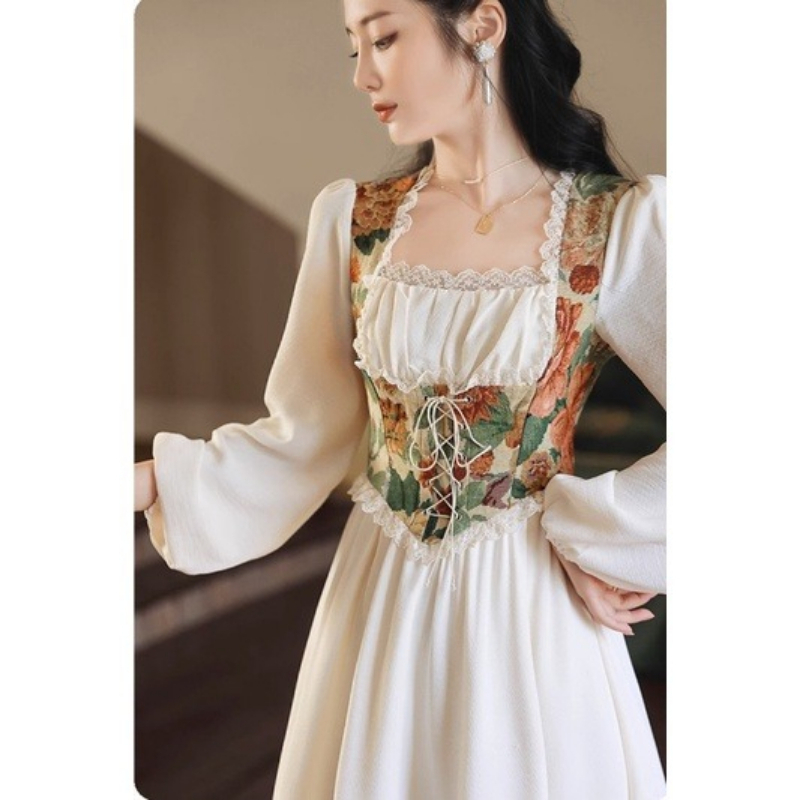 Robe corset vintage à imprimé floral pour femmes, robe midi à manches longues et col carré en dentelle, robe de soirée élégante style cottagecore