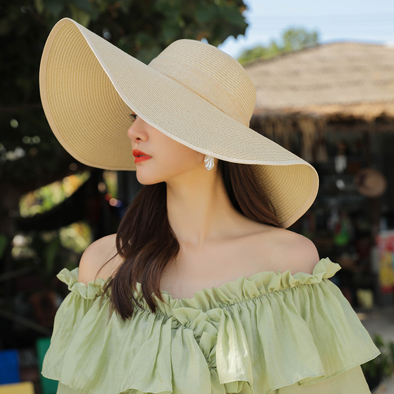 Chapeaux de paille de plage à large bord de 15CM pour femmes, chapeau de soleil Simple et pliable pour sortie d'été, mode Brom plat avec nœud papillon, Protection Uv Panama