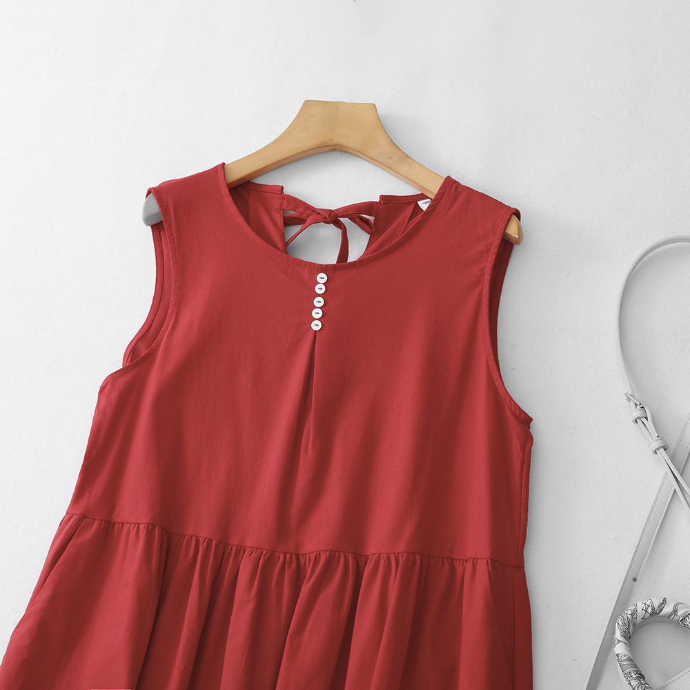 Robe d'été 100% coton pour femmes – Nouvelle robe de vacances dos nu de style coréen, rouge, mi-longue, robe décontractée sans manches
