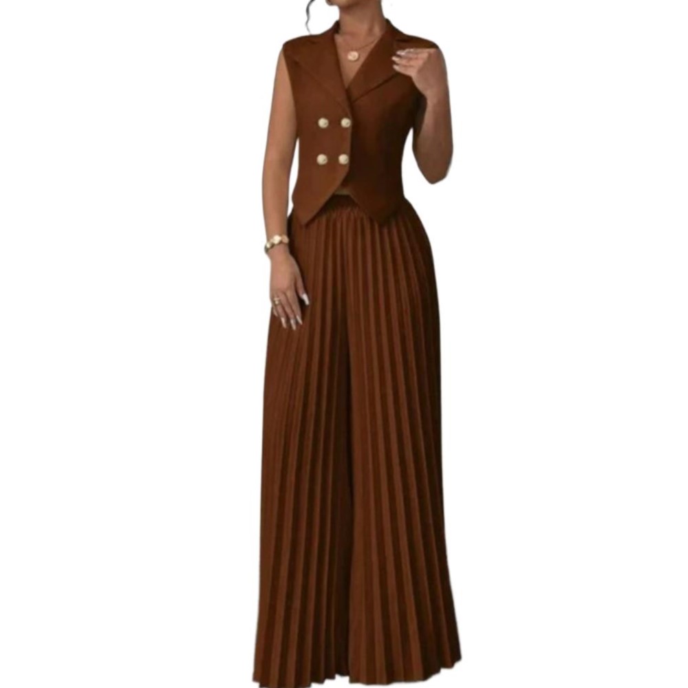 Gilet et pantalon formel élégant pour femmes, 2 pièces, nouvelle mode rétro, jambes larges plissées, amincissant, sans manches, ensemble féminin, printemps