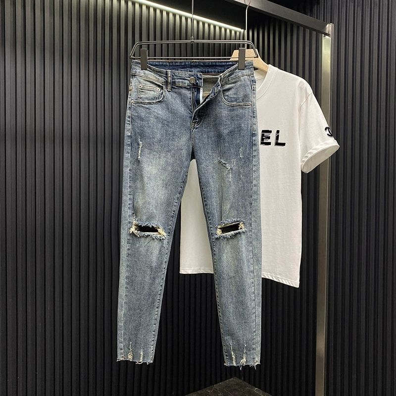 Jean déchiré pour hommes, pantalon Slim de marque tendance, polyvalent, beau, élastique, mendiant, de styliste, nouvelle collection printemps automne 2025