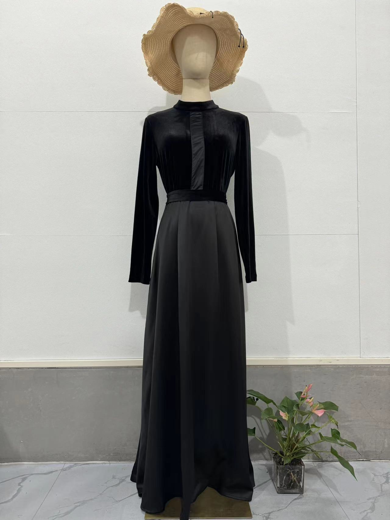 Velours mince Sexy taille robe pour les femmes décontracté solide à manches longues musulman Abayas noir robes musulmanes fête robes de soirée nouveau