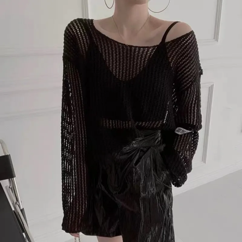 Mode coréenne creux voir à travers la crème solaire tricot couvre col rond ample décontracté femmes Blouse à manches longues Simple mince chemises